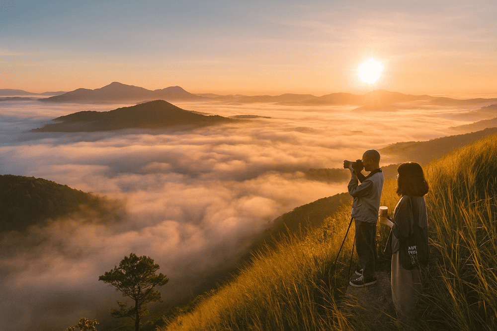 Đứng trên đỉnh Langbiang có thể chiêm ngưỡng núi non hùng vĩ trên cao và lưu giữ nhiều bức hình cực chất
